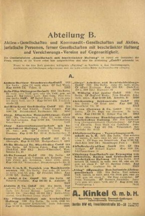Abteilung B. Aktien-Gesellschaften und Kommandit-Gesellschaften auf Aktien, juristische Personen, ferner Gesellschaften mit beschränkter Haftung und Versicherungs-Vereine auf Gegenseitigkeit