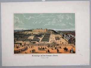 Dresden, der Alaunplatz mit der 1870 errichteten Schützenkaserne für das 108. Königlich Sächsische Schützenregiment "Prinz Georg" und dem Barackenlager im Vordergrund