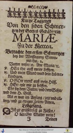 Kurtze Tagzeiten Von den Siben Schmertzen der Gottes Gebährerin Mariae…