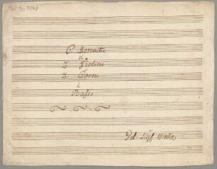 6 Minuets, vl (2), b, cor (2) - BSB Mus.ms. 7548 : [cover title, b:] 6. Menuetti // à // 2 Violini // 2 Corni // è // Basso // [at bottom right:] Del. Sig: Winter