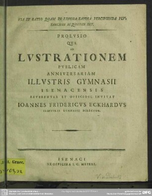Via Et Ratio Quam In Lingua Latina Percipienda Plutarchus Sequutus Est : Prolusio Qua Ad Lustrationem Publicam Anniversariam Illustris Gymnasii Isenacensis