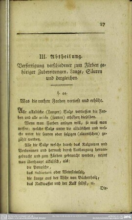 III. Abtheilung. Verfertigung verschiedener zum Färben gehöriger Zubereitungen, Lauge, Säuren und dergleichen