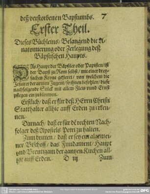 Erster Theil. Dieses Büchleins, Belangend die Anatomierung oder Zerlegung deß Bäpstischen Haupts