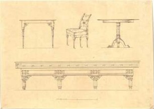 Gärtner, Friedrich von; Gärtnerhaus - Tische u. Stuhl (Ansichten, Perspektive)
