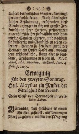 Erwegung für den zweyten Sonntag. Heil. Aloysius ein Muster der Strengheit des Lebens.