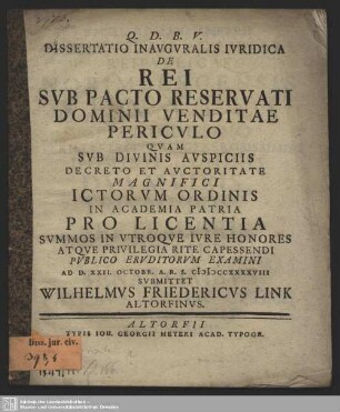 Dissertatio Inauguralis Iuridica De Rei Sub Pacto Reservati Dominii Venditae Periculo