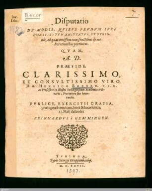 Disputatio De Modis, Qvibvs Fevdvm Ivre Constitvtvm Amittatvr, Et Personis, ad quas amissum cum fructibus et meliorationibus pertineat