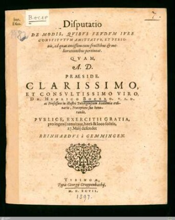 Disputatio De Modis, Qvibvs Fevdvm Ivre Constitvtvm Amittatvr, Et Personis, ad quas amissum cum fructibus et meliorationibus pertineat