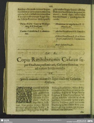 Lit. E. Copia Ratihabitationis Caesareae super Tractatu praeliminari, Caesareo-Suecico ad nutum Salvii correcta. In Simili mutatis mutandis supertractatur Caesareo-Gallico