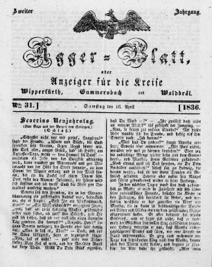 Agger-Blatt, oder Anzeiger für die Kreise Wipperfürth, Gummersbach und Waldbröl