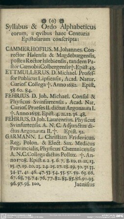 Syllabus & Ordo Alphabeticus eorum, a quibus haec Centuria Epistolarum conscripta
