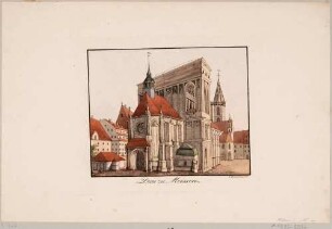 Der Dom zu Meißen von Südwesten mit "Schafstall" als zweites Turmgeschoss, dahinter der höckrige Turm