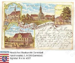 Geinsheim, Einzelansichten / Rathaus; evangelische Kirche; Krieger-Eiche; katholische Kapelle; Gastwirtschaft zur schönen Aussicht (Jean Diether)