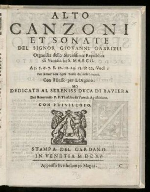 Giovanni Gabrieli: Canzoni et sonate ... a 3.5.6 ... 15 et 22 voci. Alto