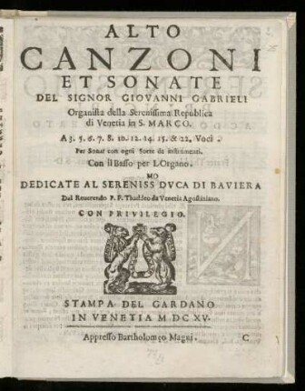 Giovanni Gabrieli: Canzoni et sonate ... a 3.5.6 ... 15 et 22 voci. Alto