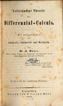 Vollständige Theorie des Differenzial-Calculs : mit Anwendungen auf Analysis, Geometrie und Mechanik