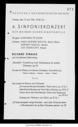6. Sinfoniekonzert [...] Richard Strauss zum hundertsten Geburtstag