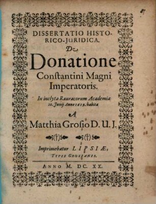 Dissertatio historico-iuridica de donatione Constantini Magni imperatoris