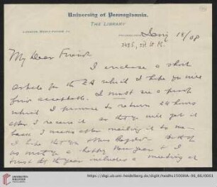 Briefe von Morris Jastrow an Carl Bezold: Brief von Morris Jastrow an Carl Bezold