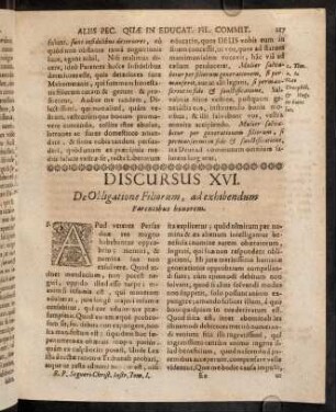 217-230, Discursus XVI. De Obligatione Filiorum, ad exhibendum parentibus honorem.