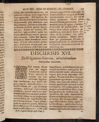 217-230, Discursus XVI. De Obligatione Filiorum, ad exhibendum parentibus honorem.