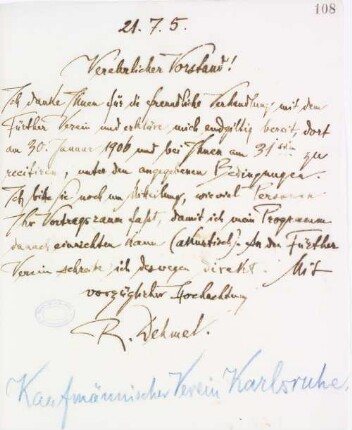Brief an den Kaufmännischen Verein