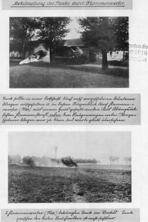 Fotos zur Bekämpfung von Tanks mithilfe von Flammenwerfern (2 gedruckte Fotos)