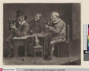 [Drei Männer an einem Tisch sitzend, der linke hält ein grpßes Glas in beiden Händen, der rechte eine Flöte]