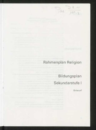 Rahmenplan Religion : Bildungsplan Sekundarstufe I ; Entwurf