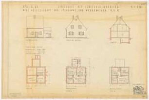 Siedlung mit Einzelhäusern und Doppelhäusern, Unterlüß: Einzelhaus Typ 33: 2 Ansichten, 1 Schnitt, Grundrisse Kellergeschoss, Erdgeschoss und Dachgeschoss 1:100