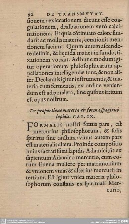 De proportione materia et forma spagirici lapidis. Cap. IX.