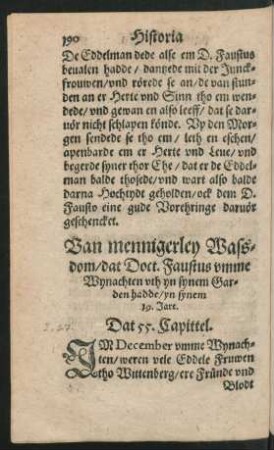 Van mennigerley Wassdom/ dat Doct. Faustus umme Wynachten uth yn synem Garden hadde ... Dat 55. Capittel.