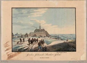 Das Huthaus (Verwaltungsgebäude eines Bergwerks) der Grube "Beschert Glück" am Röschenschacht in Zug (bei Freiberg), 1786 errichtet, rechts im Hintergrund die "Alte Mordgrube" und links das Bergbaudorf Brand