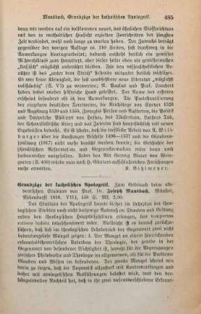 485-486 [Rezension] Mausbach, Joseph, Grundzüge der katholischen Apologetik
