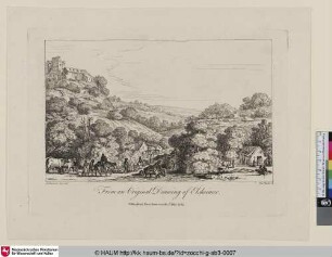 [Ländliche Szene mit Vieh und Hirten in hügeliger Landschaft]