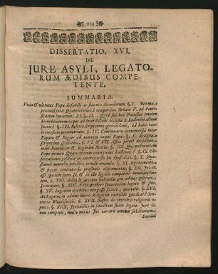 Dissertatio XVI. De Iure Asyli, Legatorum Aedibus Competente.