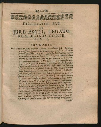 Dissertatio XVI. De Iure Asyli, Legatorum Aedibus Competente.