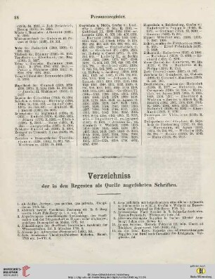 Verzeichniss der in den Regesten als Quelle angeführten Schriften