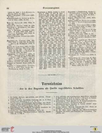 Verzeichniss der in den Regesten als Quelle angeführten Schriften