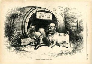 "Alexander and Diogenes." - [Not by Land seer.] : der demokratische Politiker William Dorsheimer wird als Hund dargestellt, der einen Spitz besucht, der in einem Fass wohnt