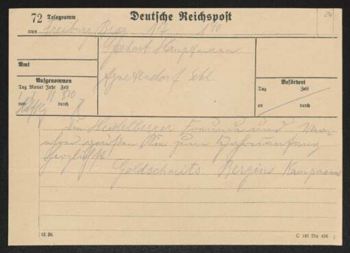 Brief von Rudolf K. Goldschmit-Jentner, Friedrich Bergius und Unbekannt an Gerhart Hauptmann