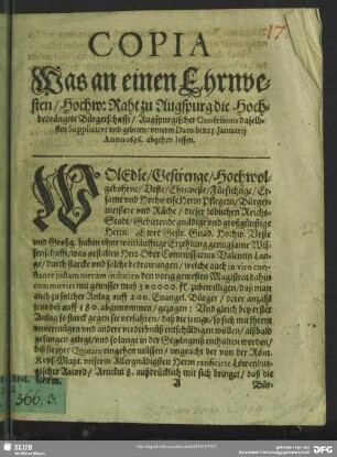 Copia Was an einen Ehrnvesten, Hochw: Raht zu Augspurg die Hochbedrängte Bürgerschafft, Augspurgischer Confession daselbsten Suppliciret und gebeten
