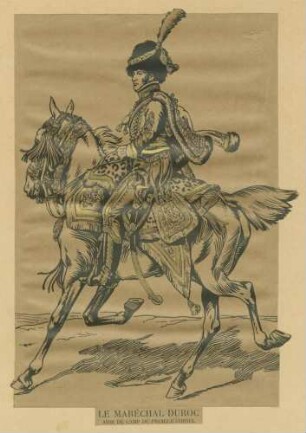 Stab Kaiser Napoleon I.: Marschall Géraud Duroc in grosser Uniform, Mütze, zu Pferd, Seitenansicht