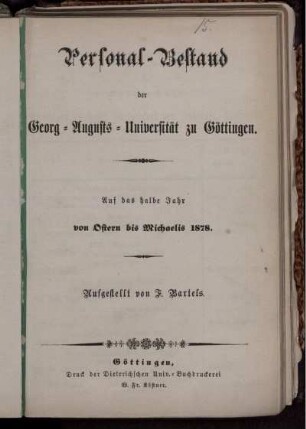 SS 1878: Personal-Bestand der Georg-Augusts-Universität zu Göttingen