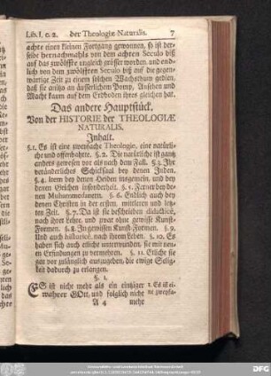 Das andere Hauptstück. Von der Historie der Theologiae Naturalis.