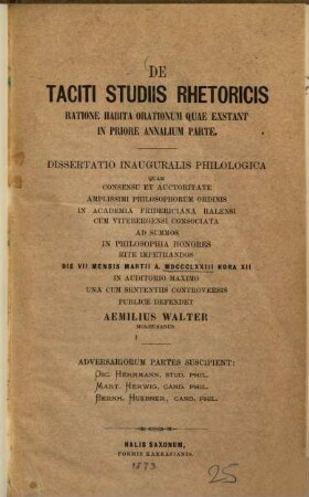 De Taciti studiis rhetoricis ratione habita orationum quae exstant in priore Annalium parte