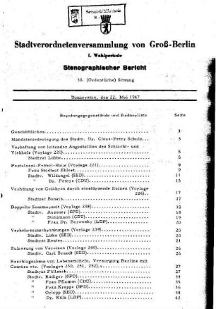 Nr. 30, 22. Mai 1947, Ordentliche Sitzung