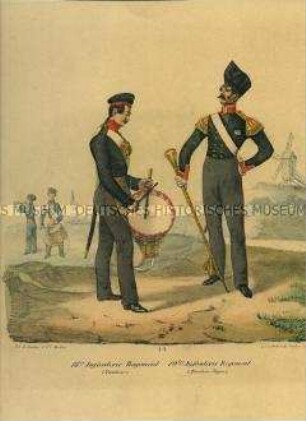 Uniformdarstellung, Tambour des 18. Infanterie Regiments, Tambourmajor des 19. Infanterie-Regiments, Preußen 1830. Aus: Elzholz u.a.: Das Preussische Heer. Tafel 44.