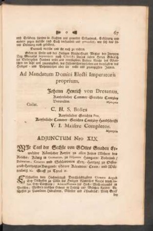 Adjunctum Nro XIX. Wir Carl der Sechste von Gottes Gnaden ...