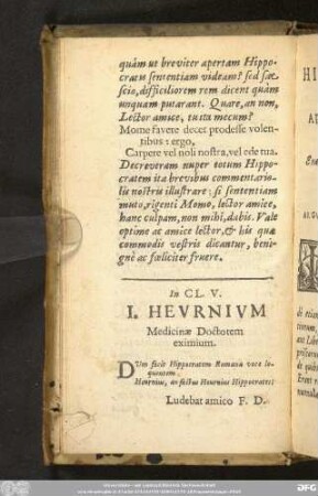In Cl. V. I. Heurnium Medicinae Doctorem exmium.